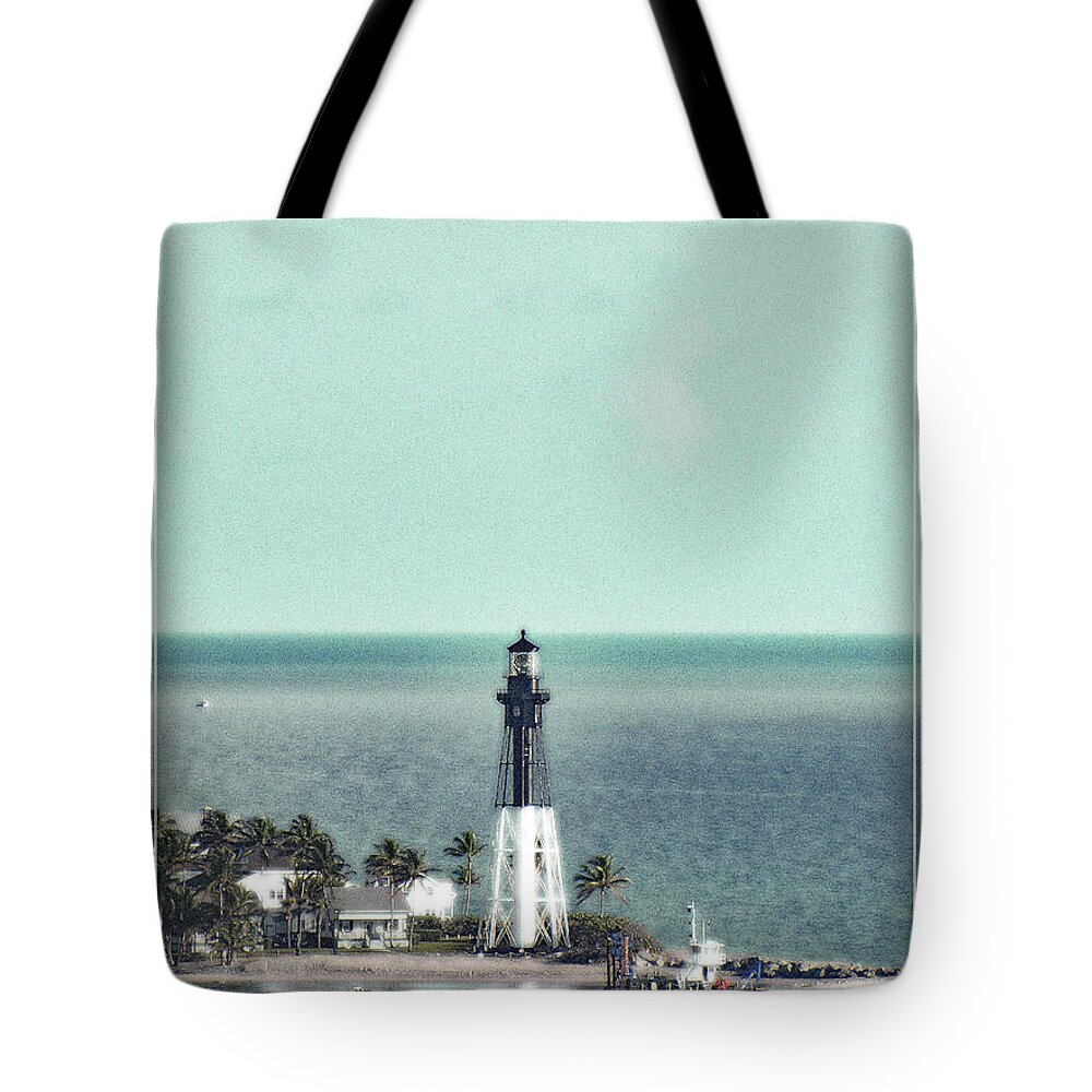Lighthouse Tote Bag featuring the photograph Poster Lighthouse in Hillsboro Beach Florida in green by Corinne Carroll
