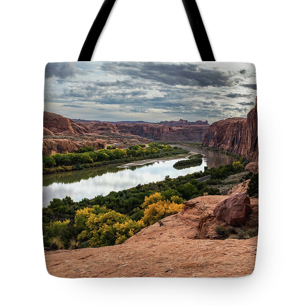 Moab Tote Bag featuring the photograph Potash Road Reflection by Dan Norris