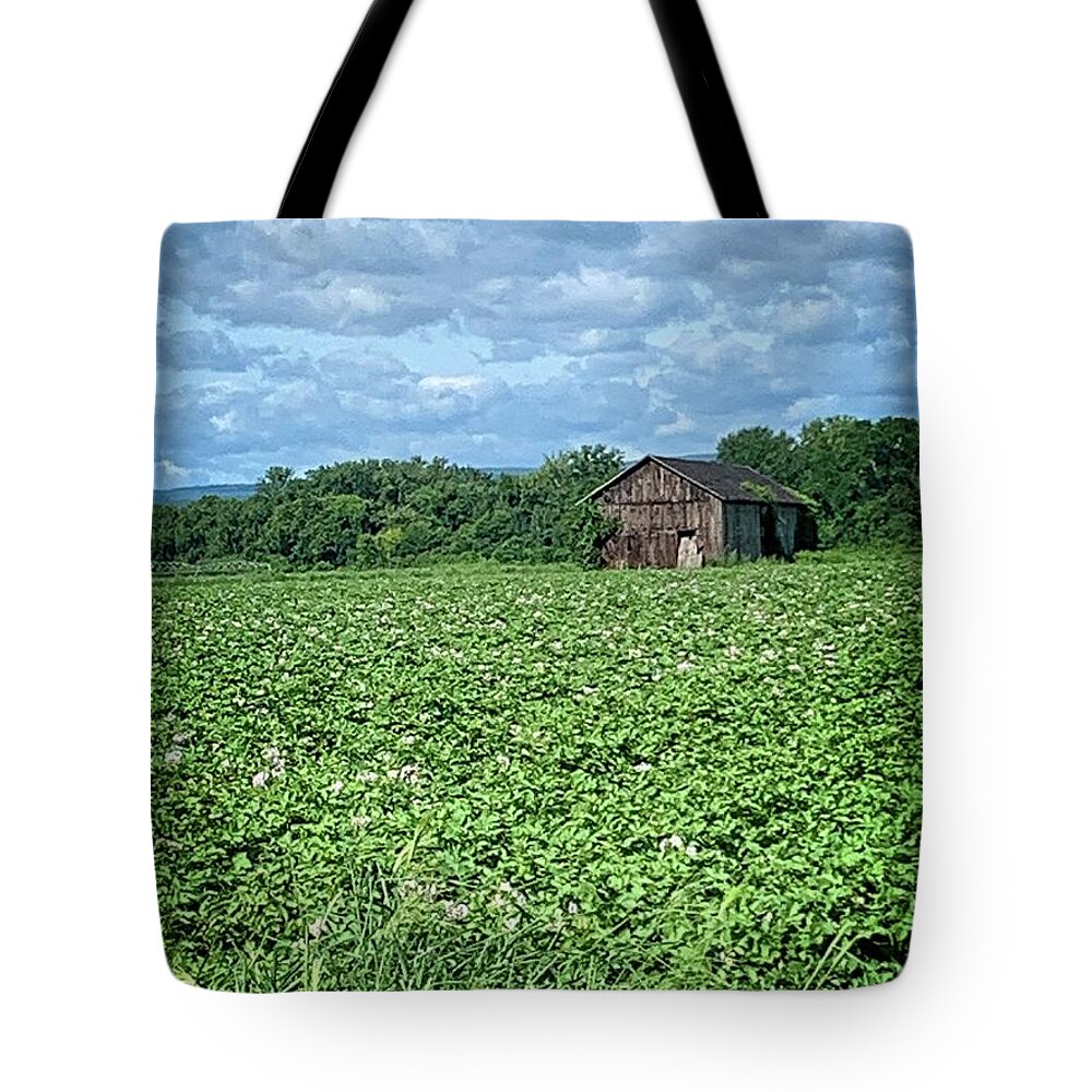 Pink Flower Tote Bag featuring the digital art Potato Fields with Barn by Dee Flouton