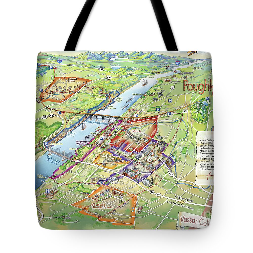 Vassar College Tote Bag featuring the digital art Poughkeepsie and Vassar College Illustrated Map by Maria Rabinky