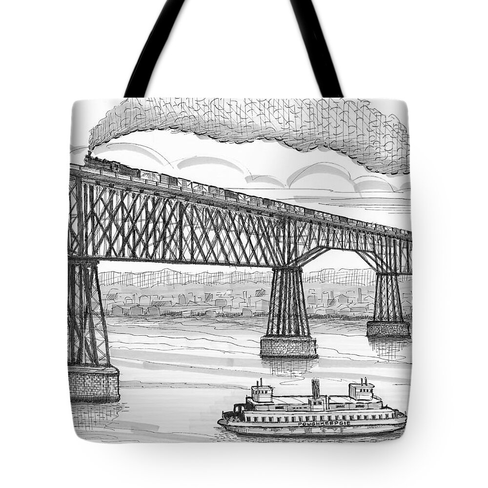 Poughkeepsie Railroad Bridge Tote Bag featuring the drawing Poughkeepsie Railroad Bridge and Steam Ferry circa 1890 by Richard Wambach
