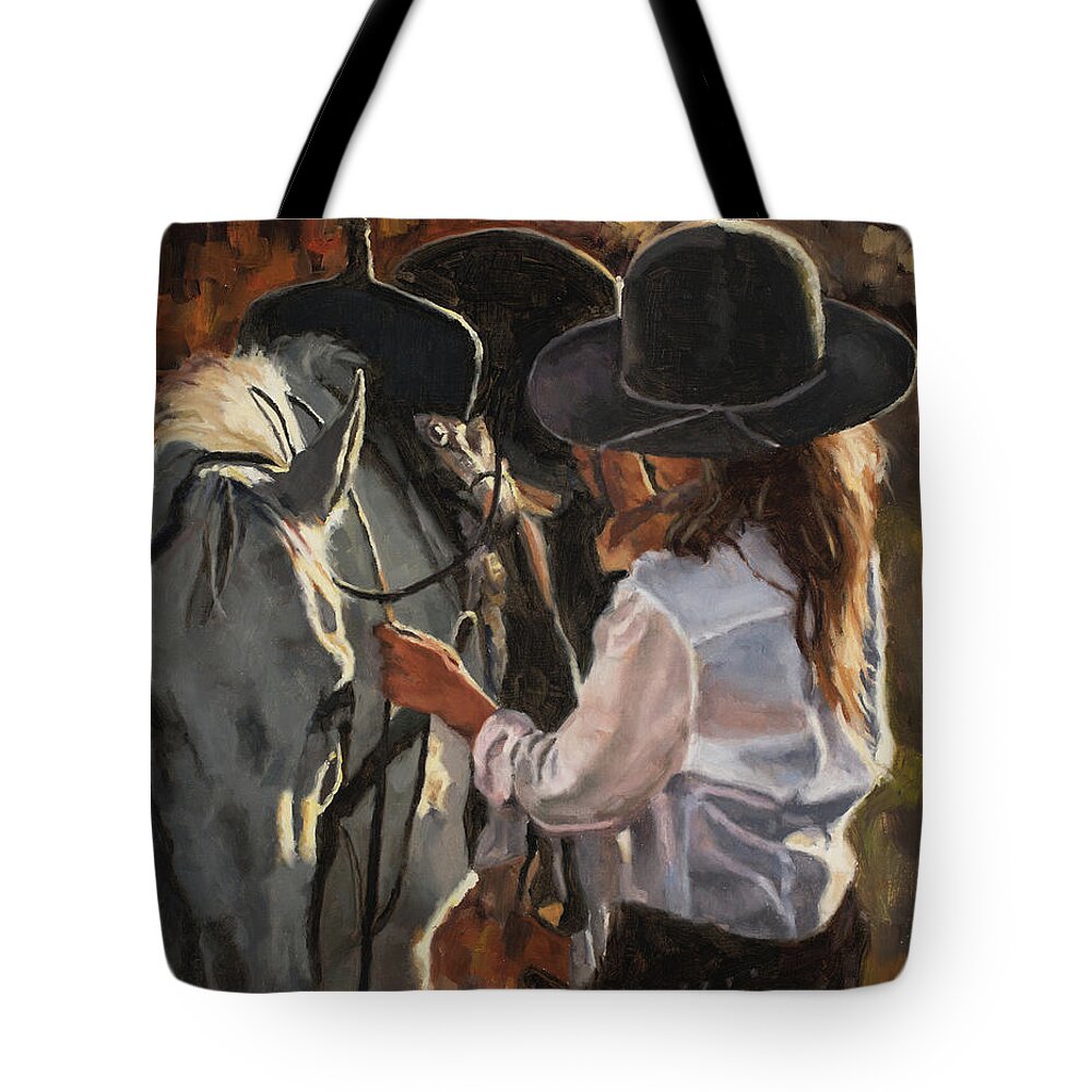 Cowgirl Tote Bag featuring the painting Prepping for a ride by Tate Hamilton