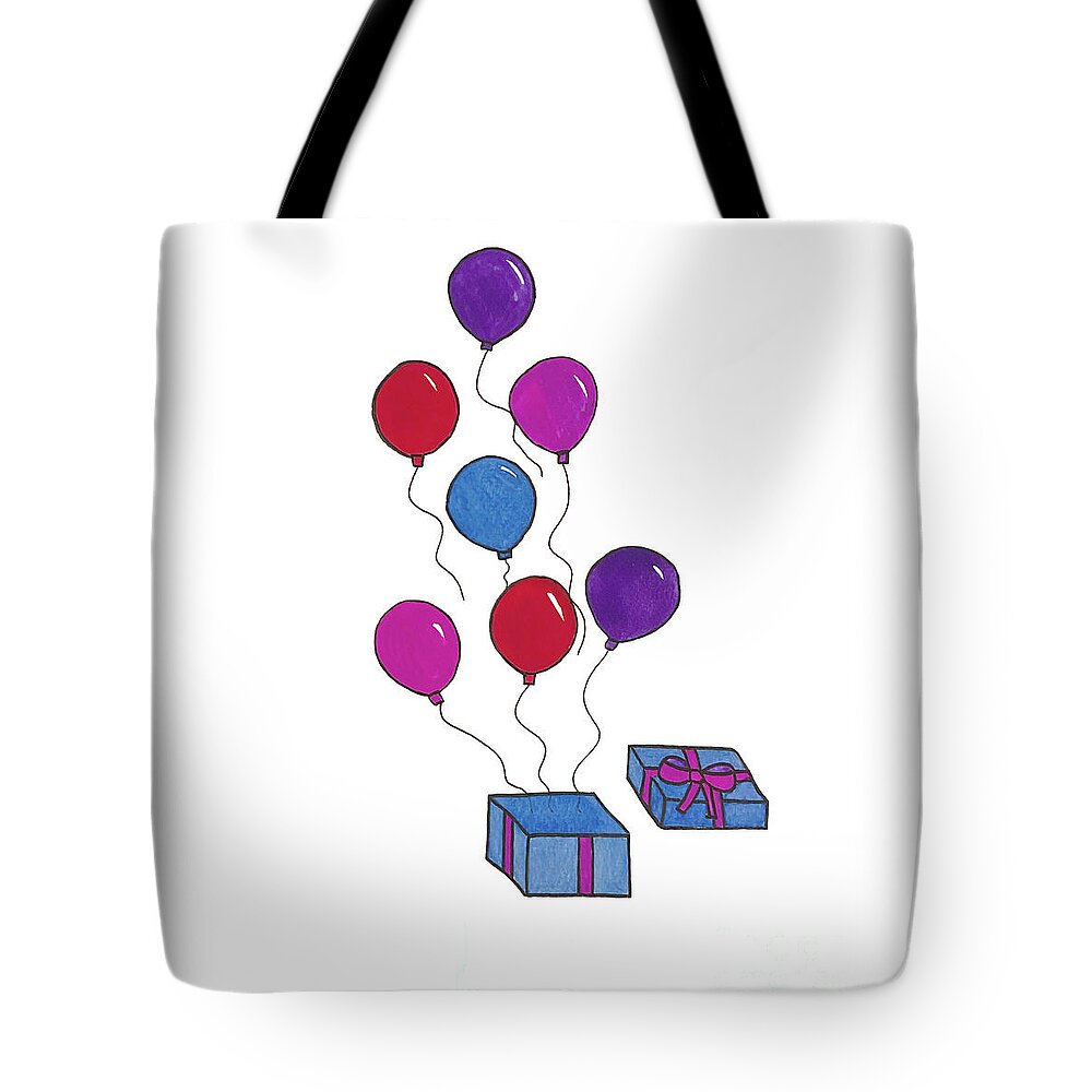 Birthday Tote Bag featuring the mixed media Present and Balloons by Lisa Neuman