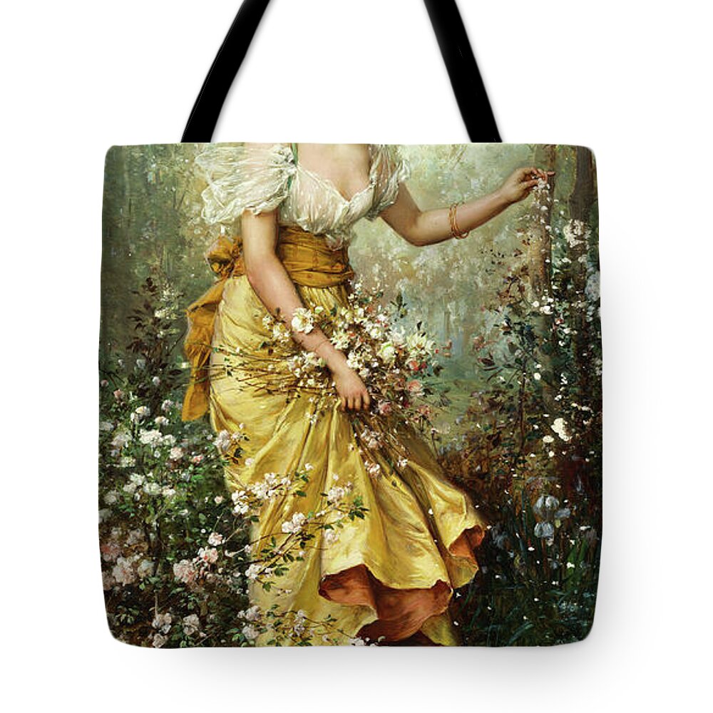 Hans Zatzka Tote Bag featuring the painting Presentation of a Young woman in Yellow Dress by Hans Zatzka