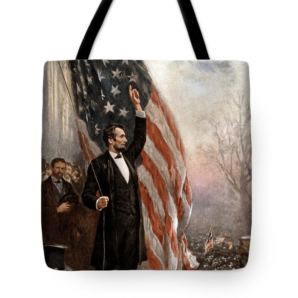Abraham Lincoln Tote Bag featuring the painting President Abraham Lincoln Giving A Speech by War Is Hell Store