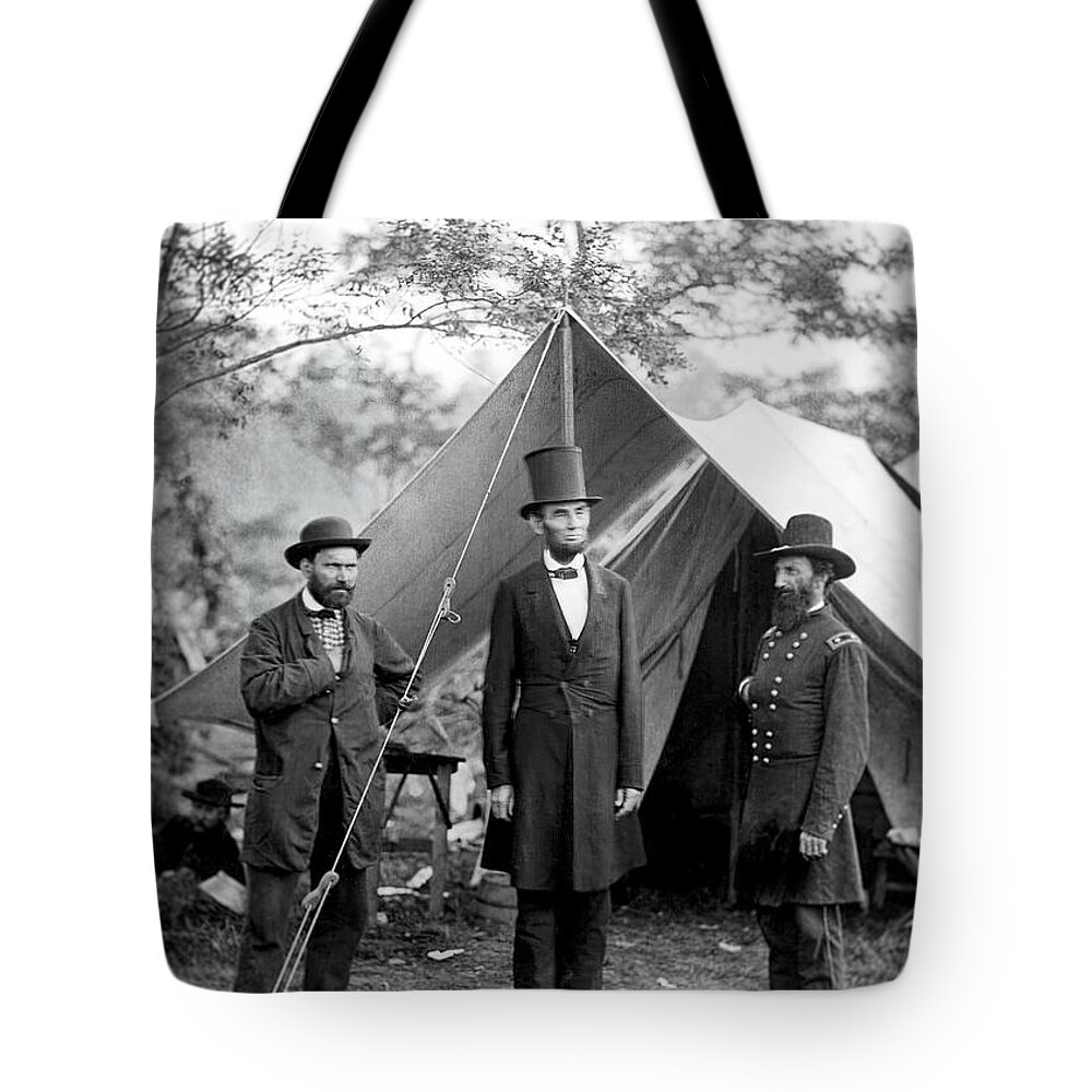 War Tote Bag featuring the photograph President Abraham Lincoln John McClerand Allan Pinkerton BW by Alexander Gardner
