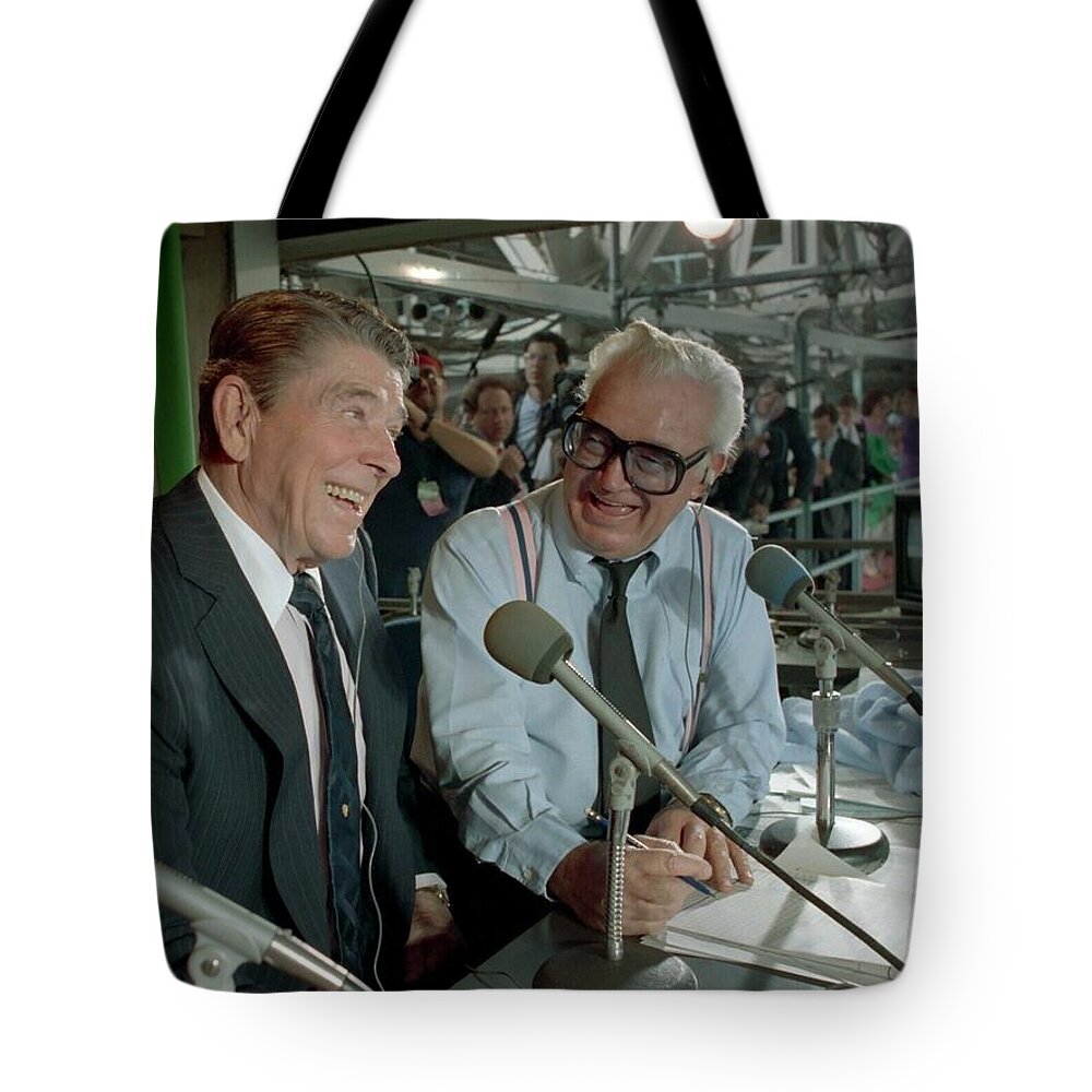 Oil On Canvas Tote Bag featuring the digital art President Reagan visits with Harry Caray by Celestial Images