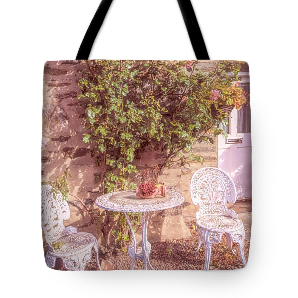 Fall Tote Bag featuring the photograph Pretty Country Garden Chairs by Debra and Dave Vanderlaan