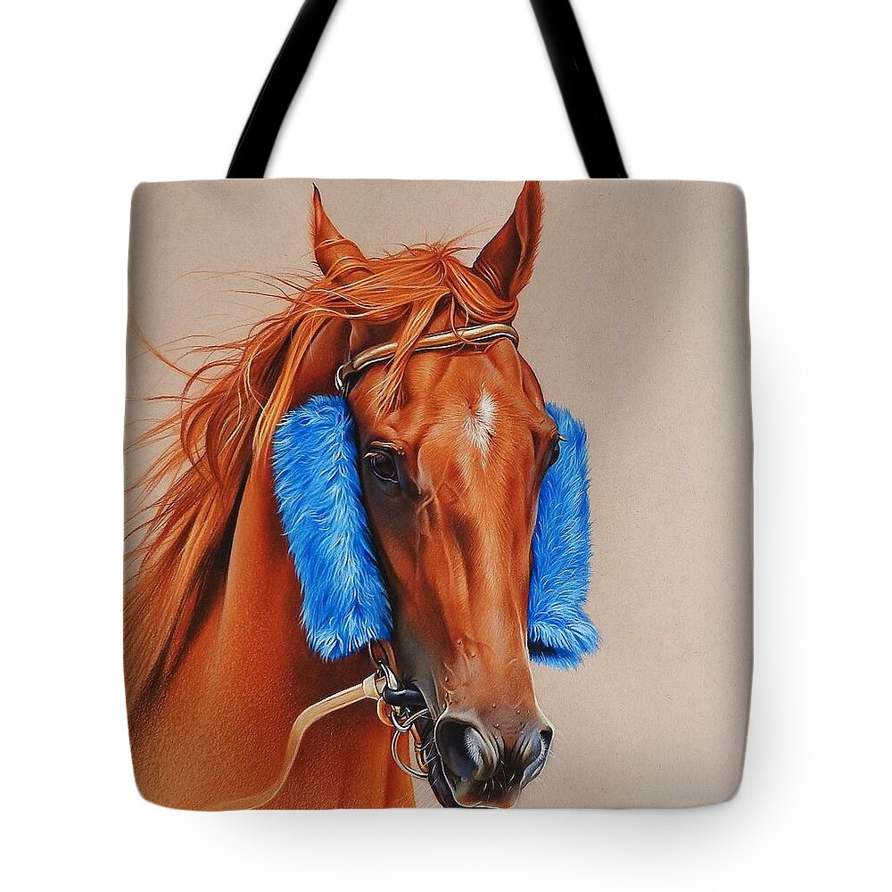 Horse Tote Bag featuring the drawing Pretty in blue by Elena Kolotusha
