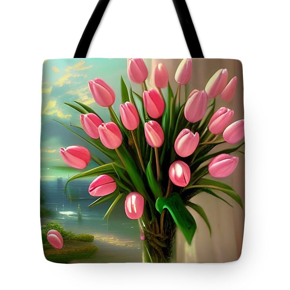 Floral Tote Bag featuring the digital art Pretty Pink Tulips by Katrina Gunn