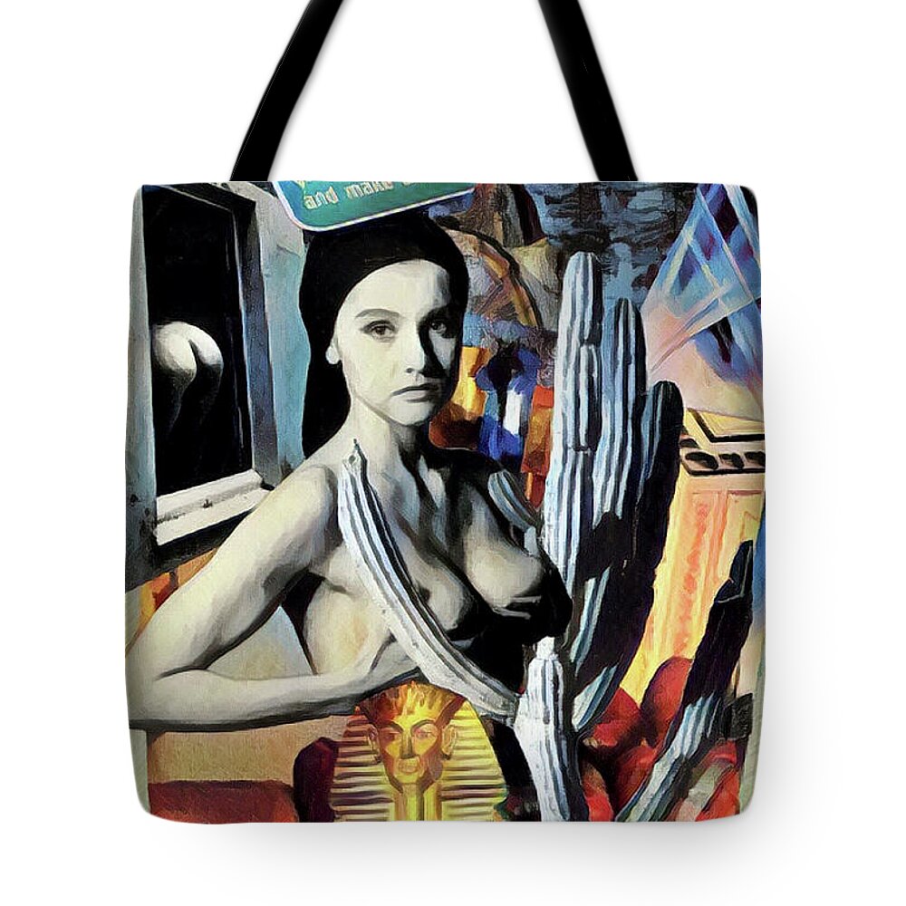 Abstract Collagecactus Tote Bag featuring the mixed media Prickly Girls With Egyptian Mummy by Debra Amerson