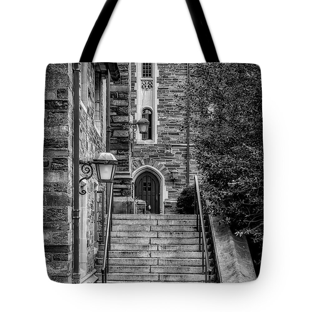 Princeton University Tote Bag featuring the photograph Princeton University Dorms BW by Susan Candelario