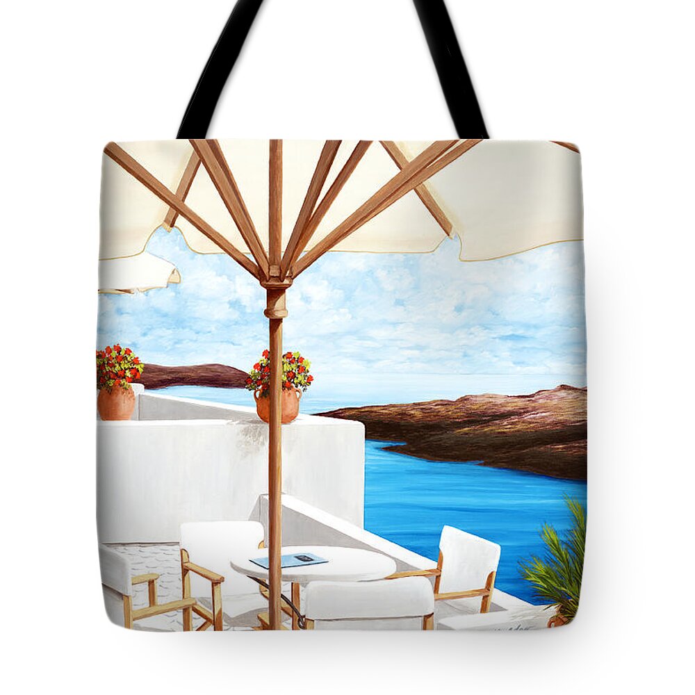 Santorini Tote Bag featuring the painting RESERVATION FOR FOUR - prints of oil painting by Mary Grden