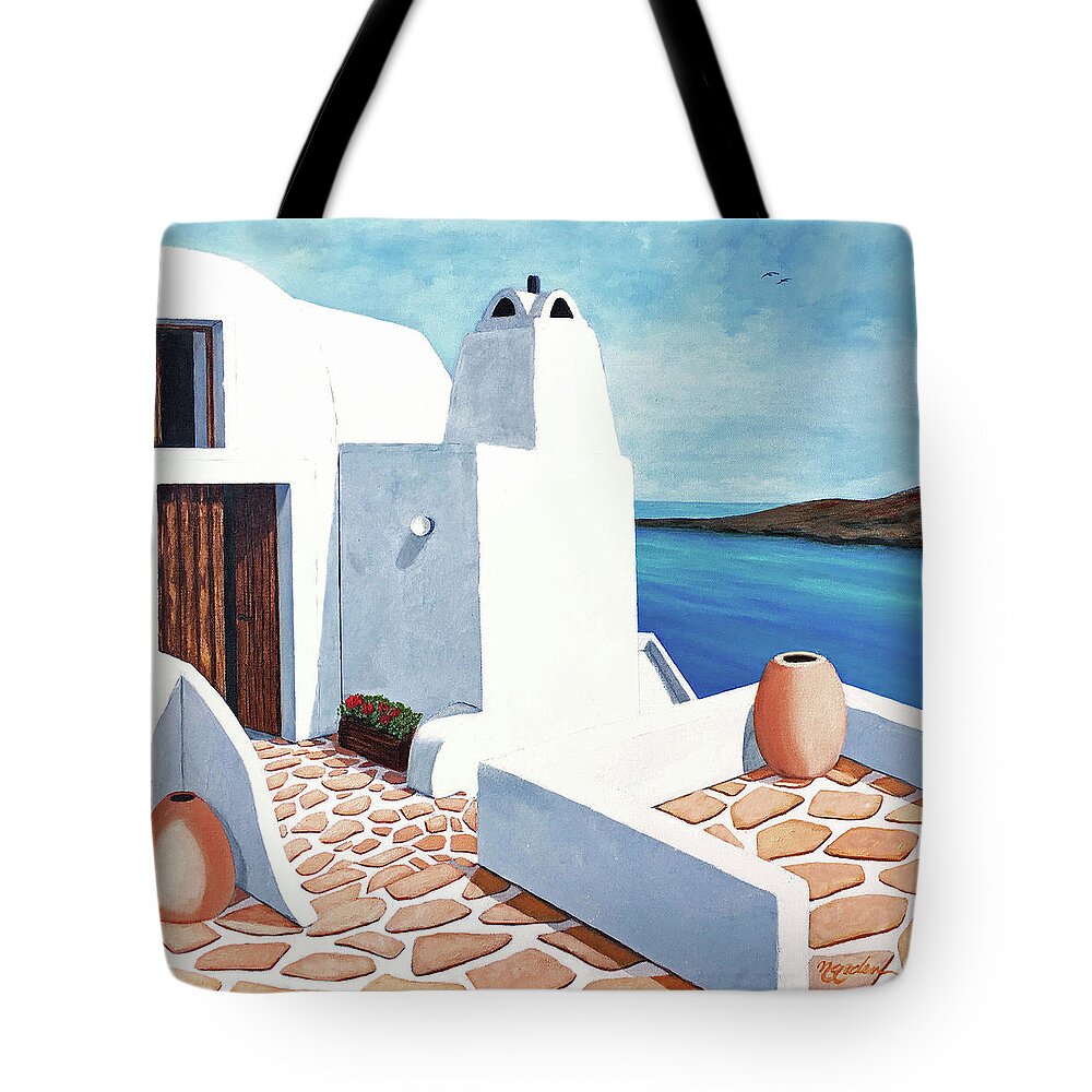 Santorini Tote Bag featuring the painting SANTORINI GETAWAY-Original or Prints by Mary Grden