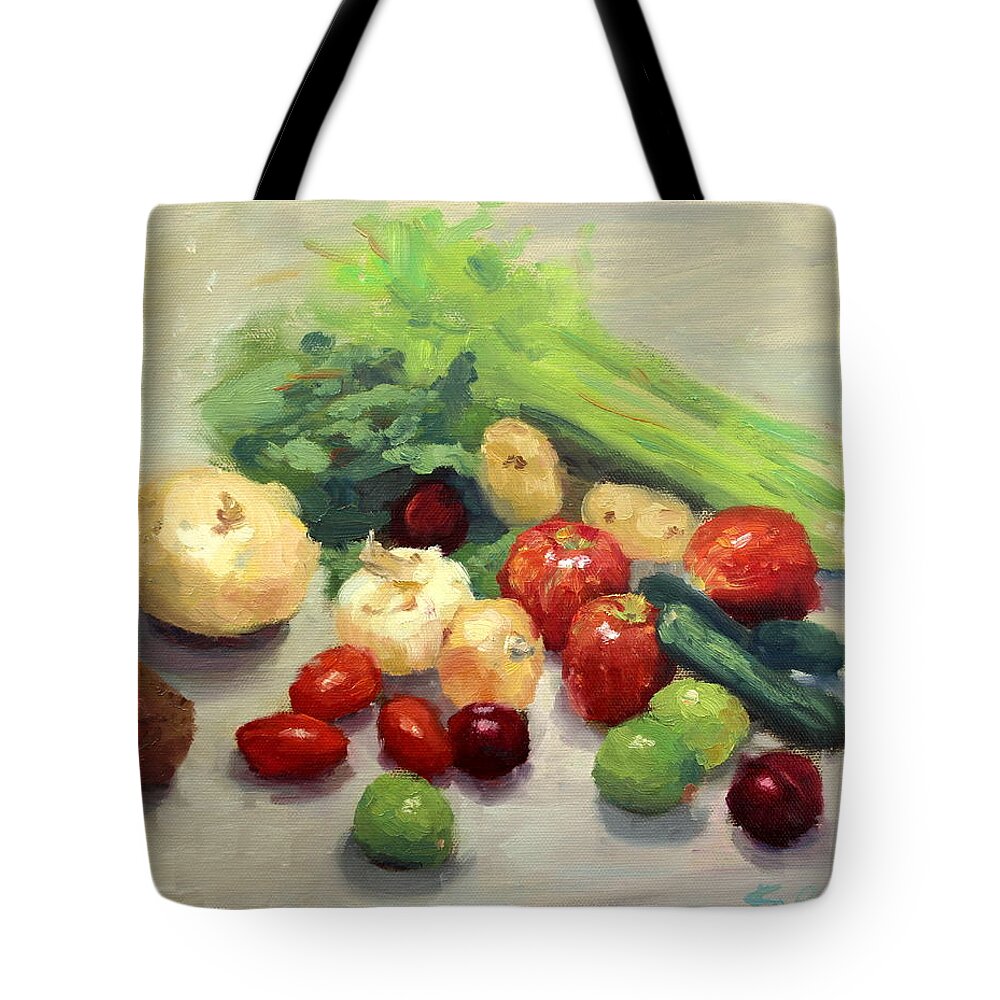 Vegetable Tote Bag featuring the painting Produce Box - August 23 by Keiko Richter