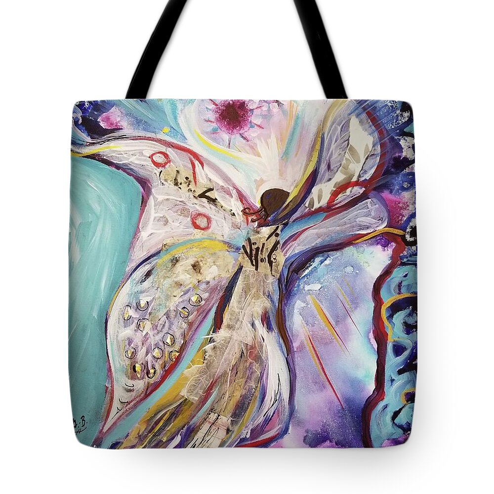 Angel Tote Bag featuring the mixed media Protect Us by Catherine Gruetzke-Blais