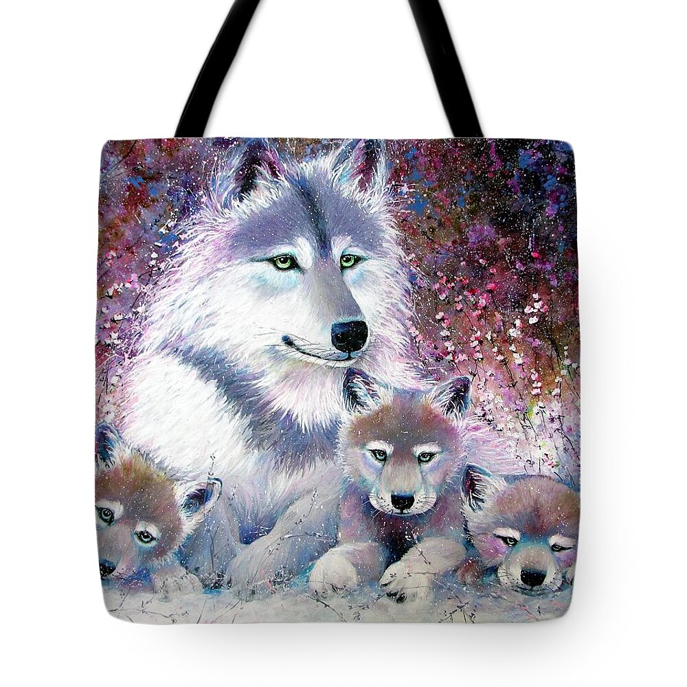 Wolf Tote Bag featuring the painting Proud mother by Nicole Gelinas