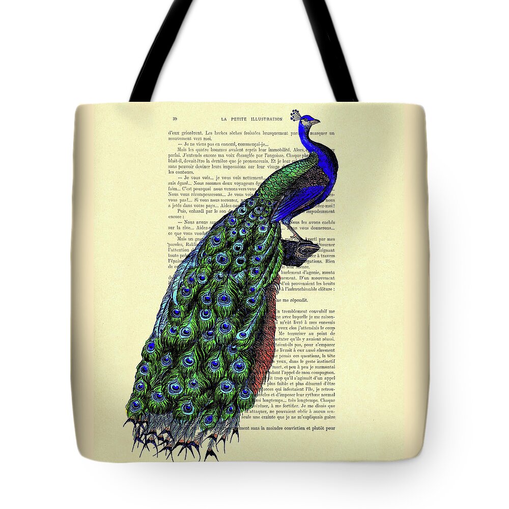 Peacock Tote Bag featuring the mixed media Proud peacock on branch by Madame Memento