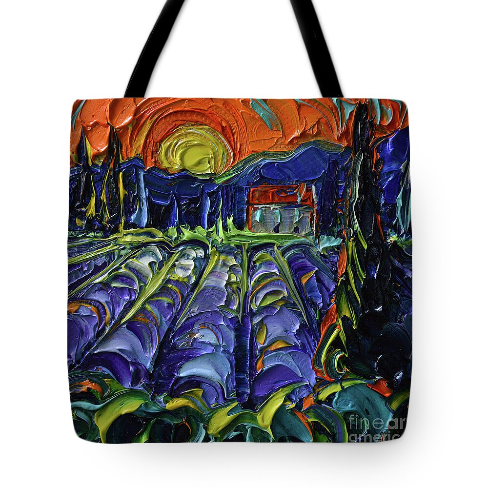 Provence Sunset Tote Bag featuring the painting PROVENCE SUNSET ABSTRACT MINIATURE palette knife oil painting Mona Edulesco by Mona Edulesco