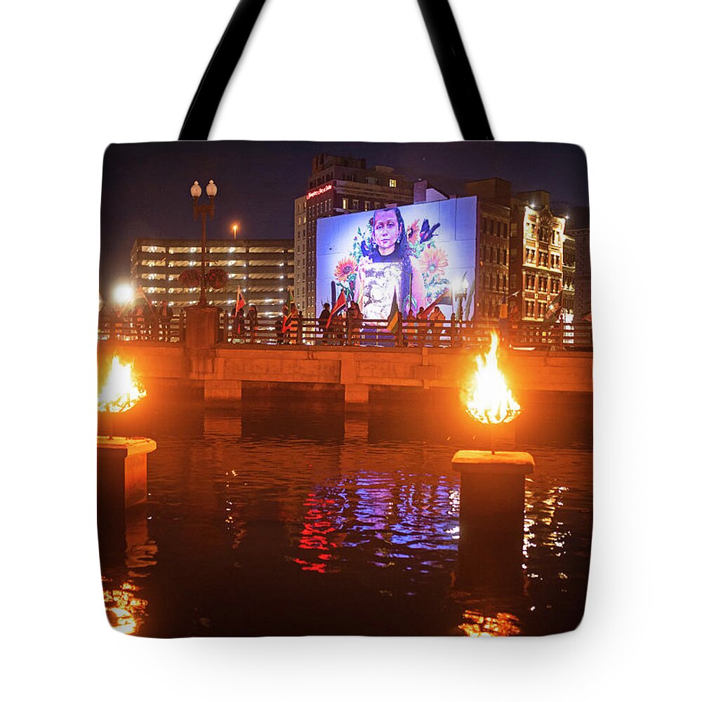 Providence Tote Bag featuring the photograph Providence RI Waterfire Celebration Mural by Toby McGuire