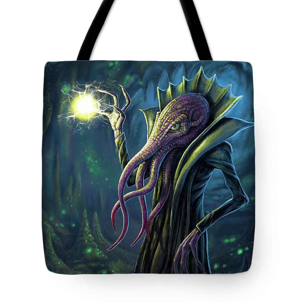 Mind Flayer Tote Bag featuring the digital art Psionic by Aaron Spong