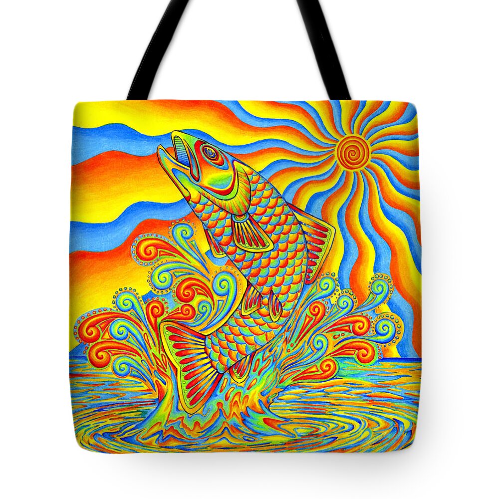 Psychedelic Tote Bag featuring the drawing Psychedelic Rainbow Trout Fish by Rebecca Wang