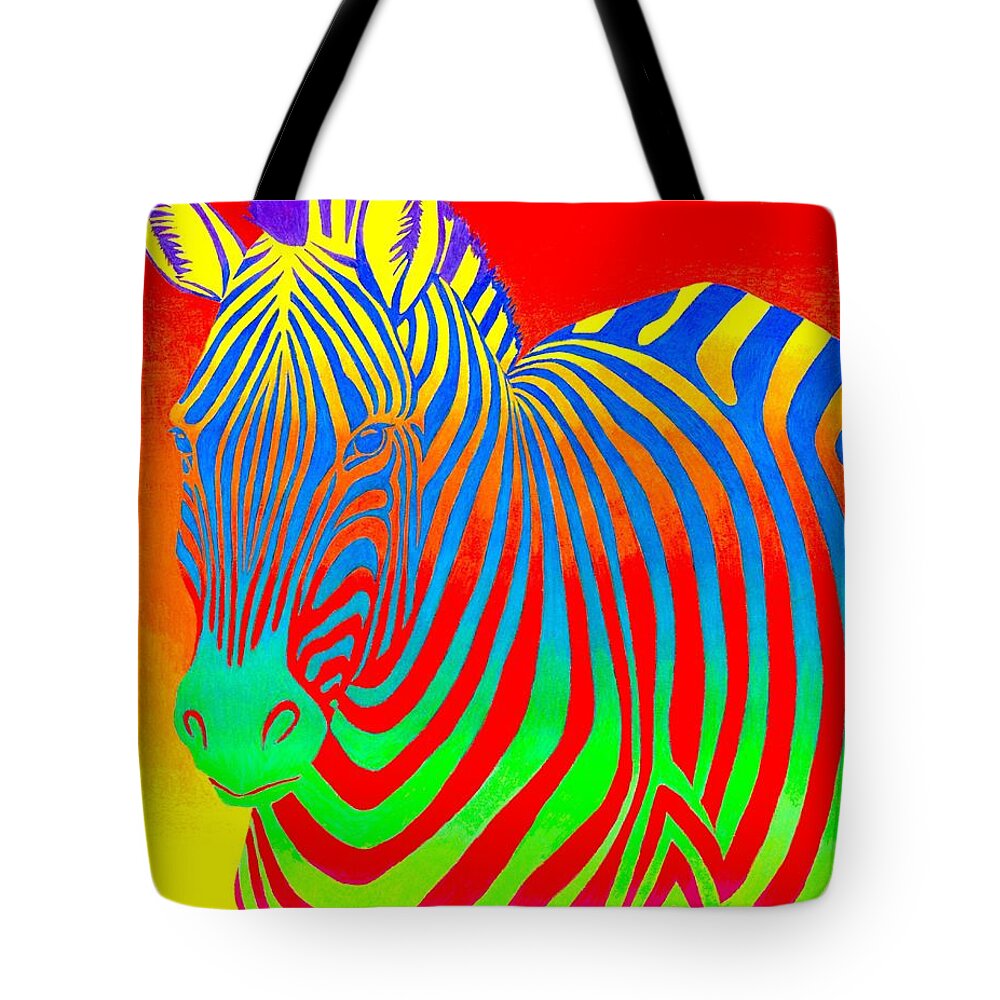 Zebra Tote Bag featuring the drawing Psychedelic Rainbow Zebra by Rebecca Wang