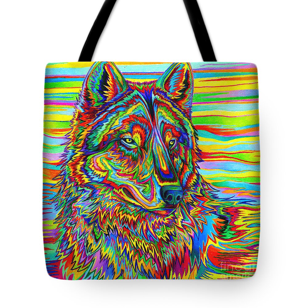 Psychedelic Tote Bag featuring the drawing Psychedelic Wolf by Rebecca Wang