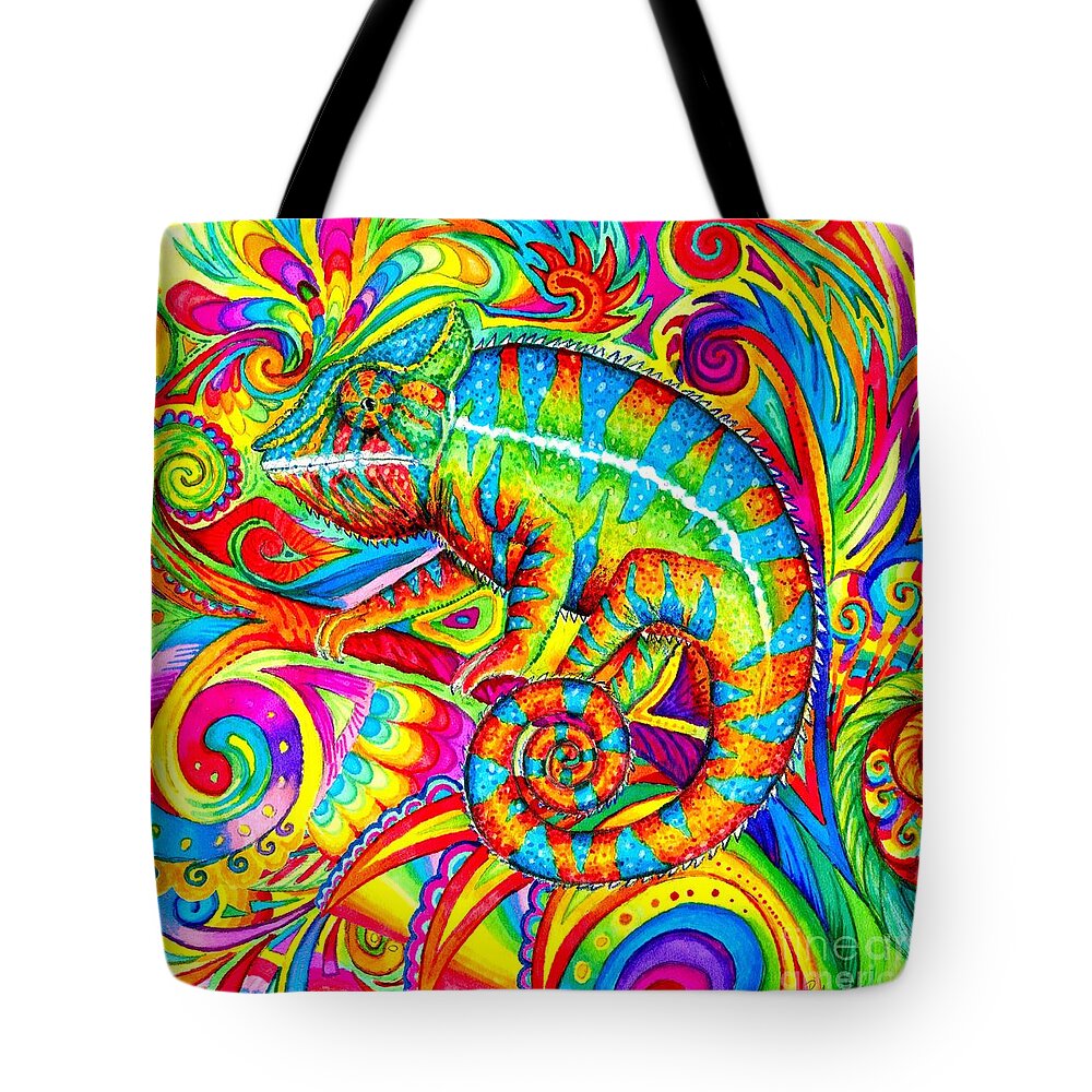 Chameleon Tote Bag featuring the drawing Psychedelizard - Psychedelic Rainbow Chameleon by Rebecca Wang