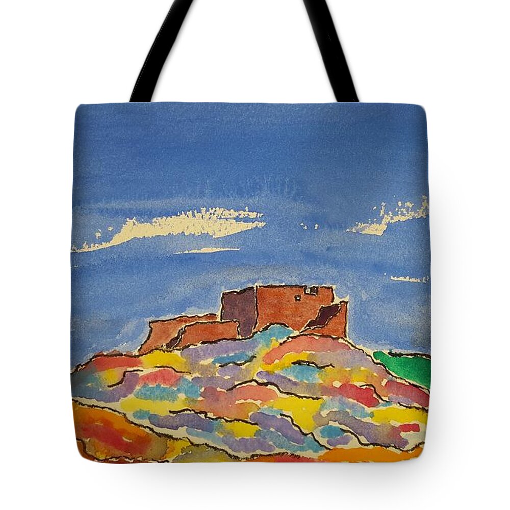Watercolor Tote Bag featuring the painting Pueblo of Lore by John Klobucher