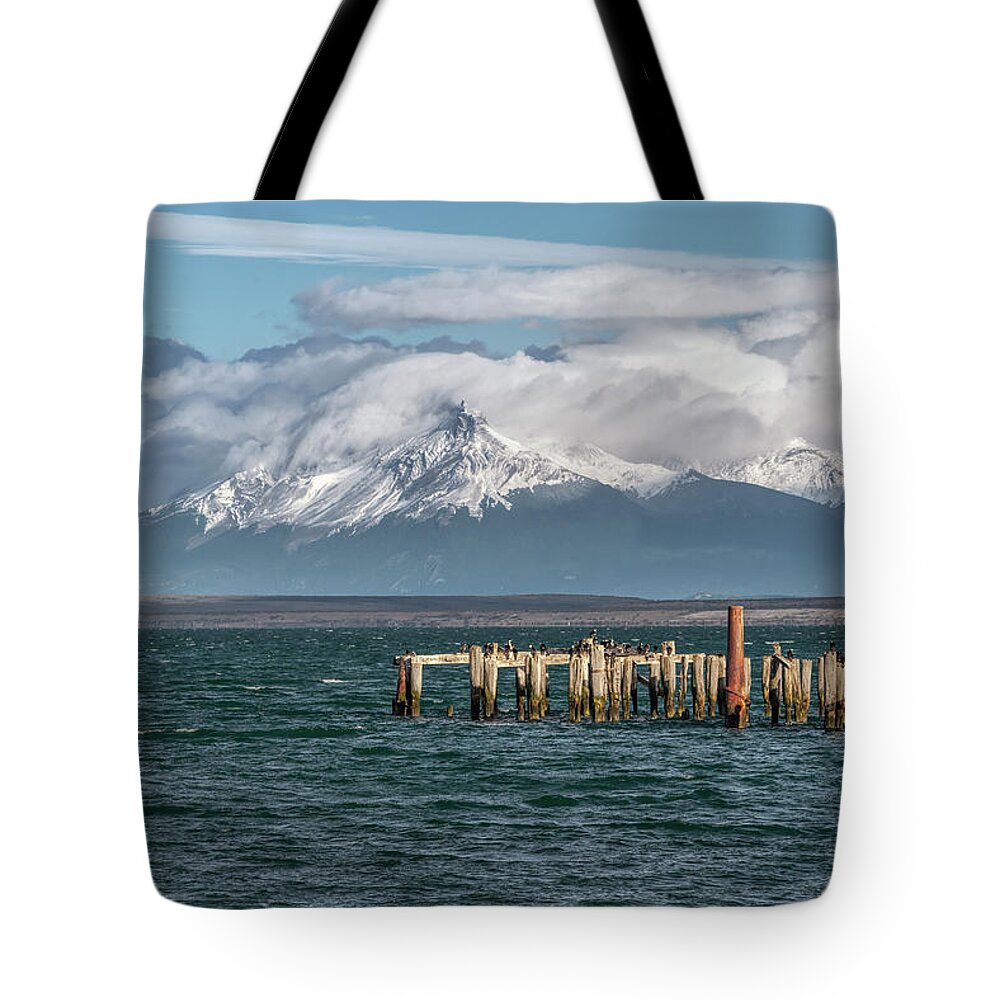 Andes Tote Bag featuring the photograph Puerto Natales Braun and Blanchard pier and White-breasted Cormorants by Henri Leduc