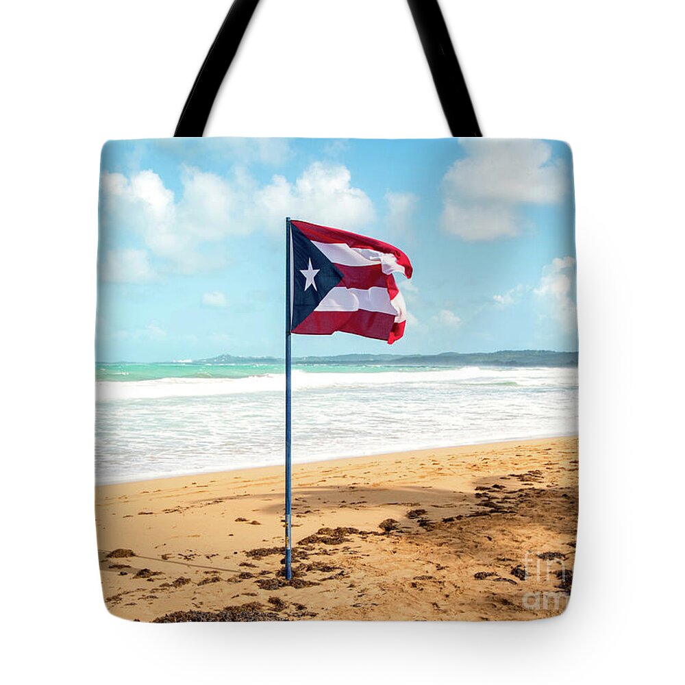 Puerto Tote Bag featuring the photograph Puerto Rican Flag on the Beach, Pinones, Puerto Rico by Beachtown Views