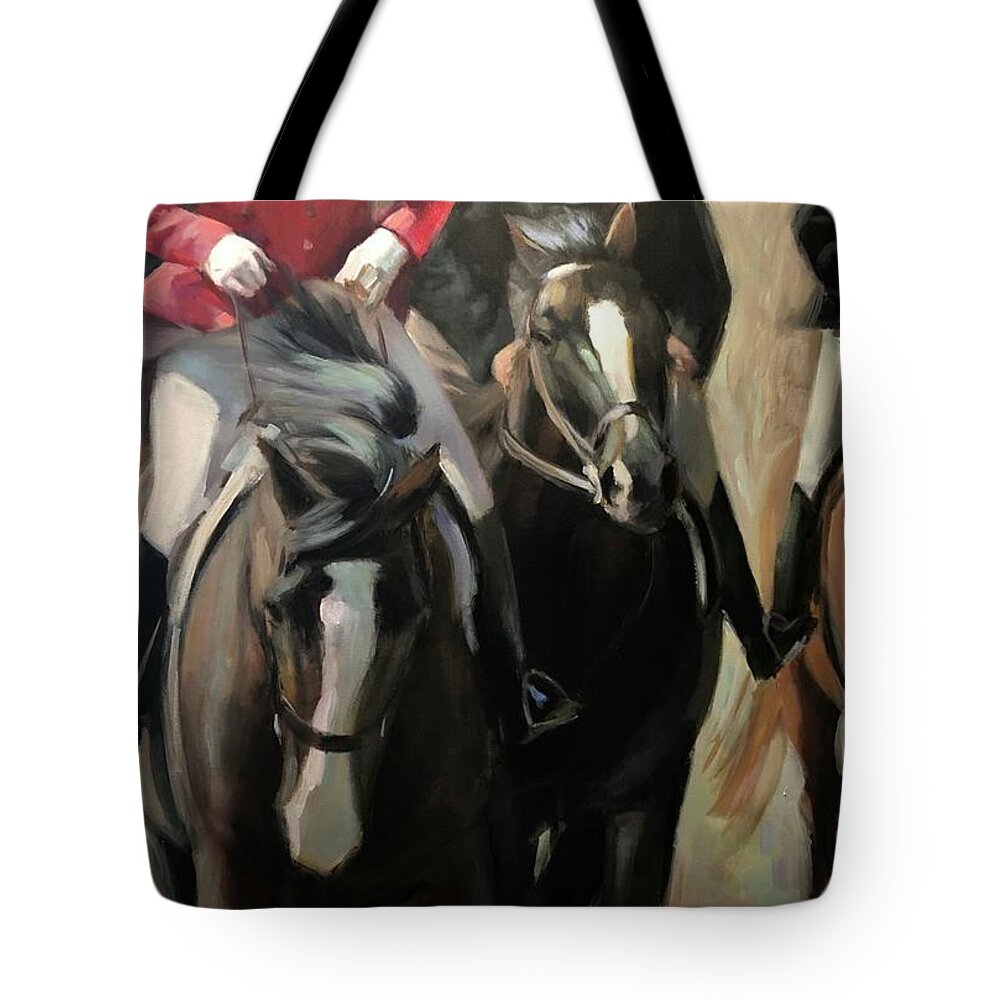 Horse Horses Foxhunt Animals Equestrian Oil Painting Contemporary Tote Bag featuring the painting Pulling on the rein by Susan Bradbury