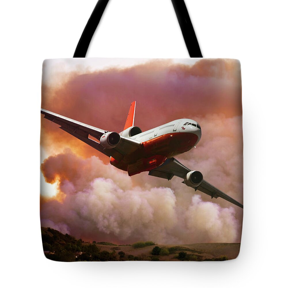 Mcdonnell Douglas Dc-10 Firefighting Aircraft Tote Bag featuring the mixed media Pulling Up and Away from the Wildfire by Erik Simonsen