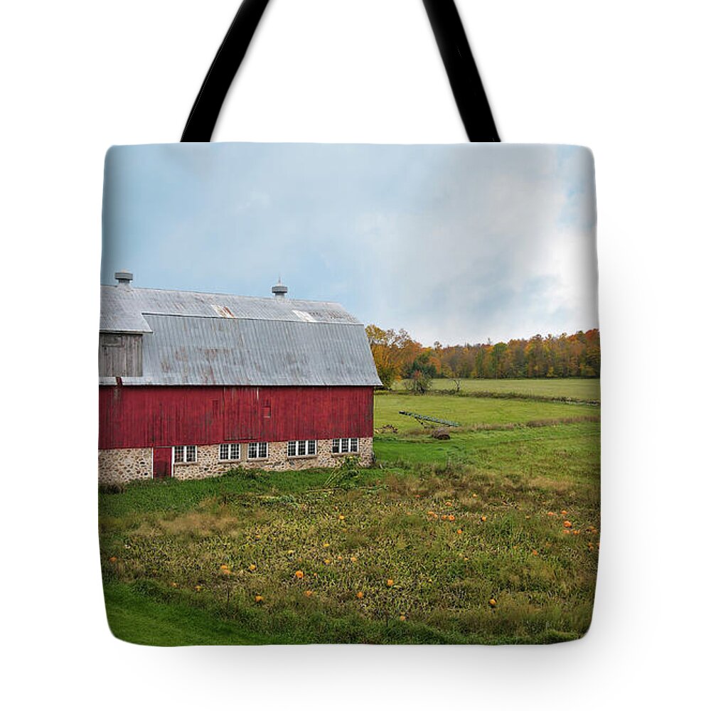 Autumn Tote Bag featuring the photograph Pumpkin Barn by Brook Burling