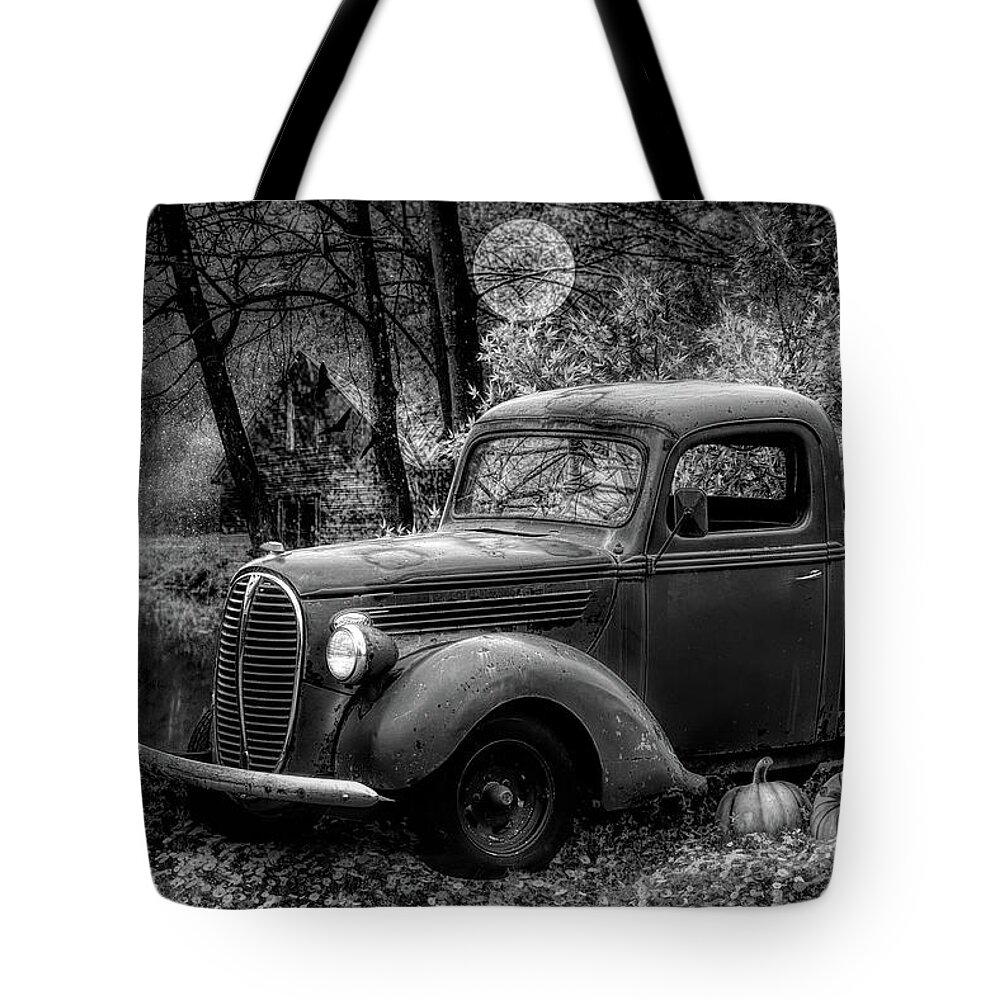 Barn Tote Bag featuring the photograph Pumpkin Truck on Halloween Black and White by Debra and Dave Vanderlaan