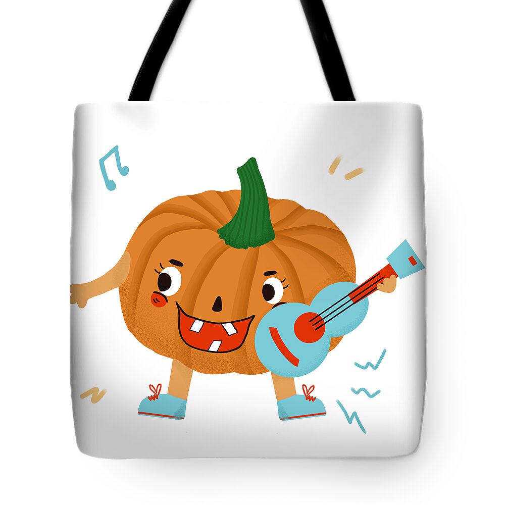 Music Tote Bag featuring the drawing Pumpkins love to play the ukulele by Min Fen Zhu