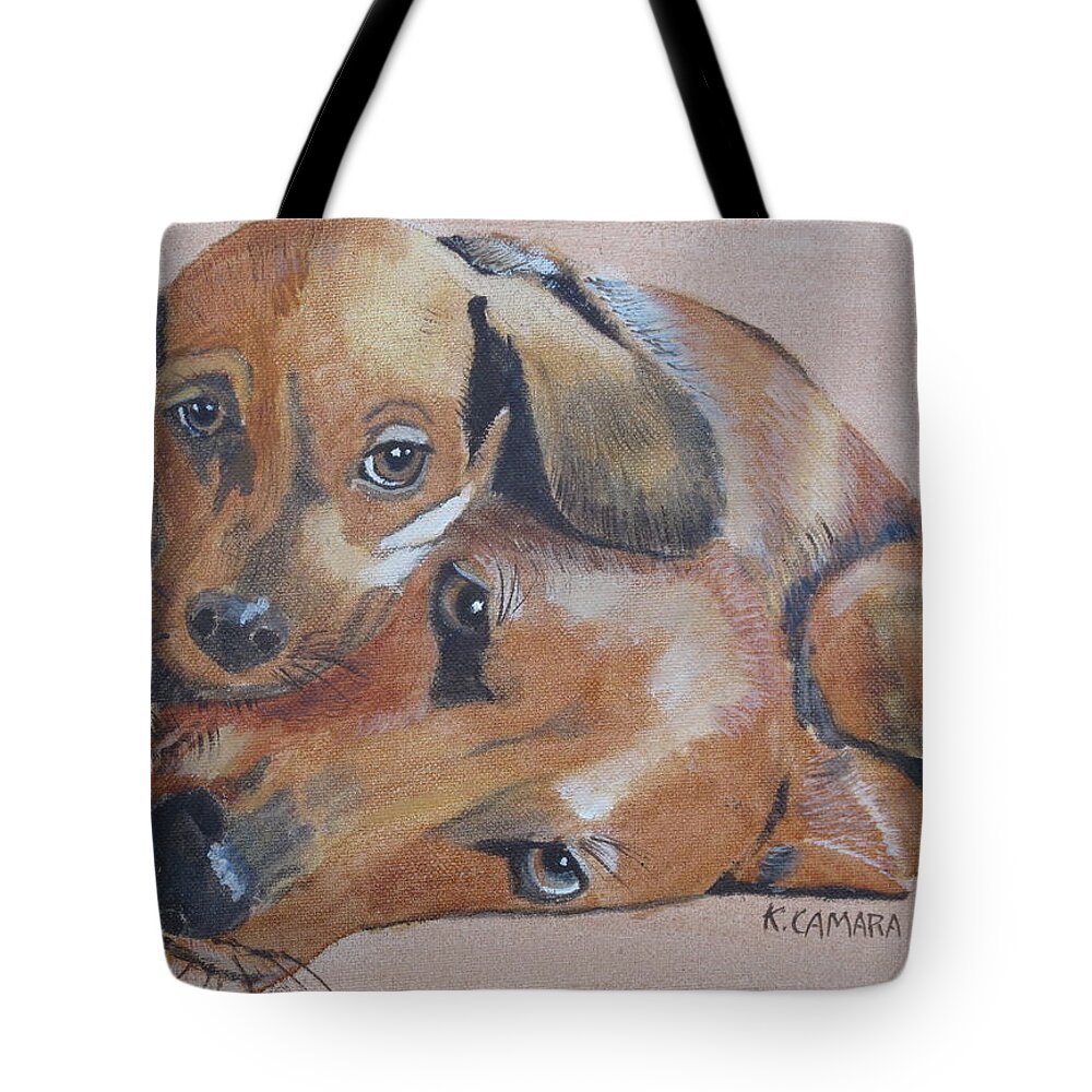 Pets Tote Bag featuring the painting Puppies Cuddling by Kathie Camara