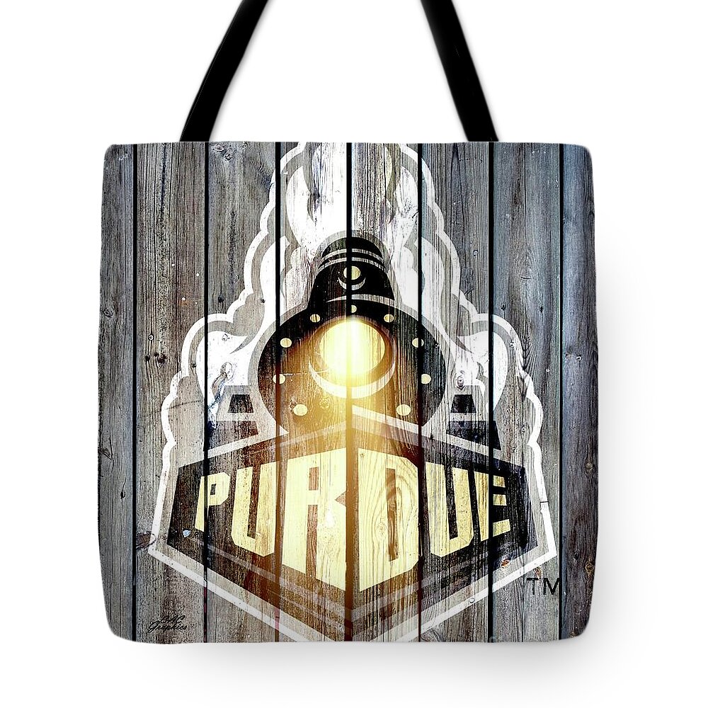 Purdue Tote Bag featuring the digital art Purdue Train Illuminated by CAC Graphics