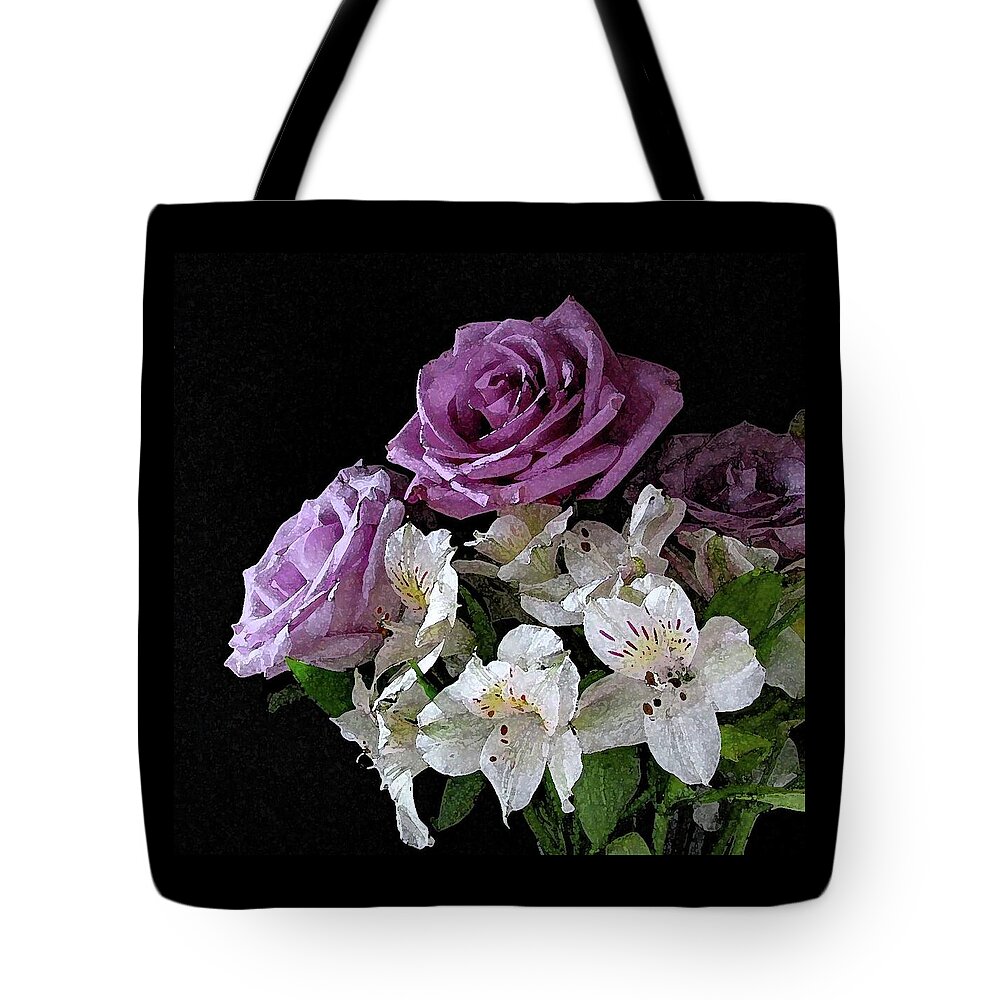 Flower Tote Bag featuring the photograph Purple and White Bouquet on Black Background by Corinne Carroll