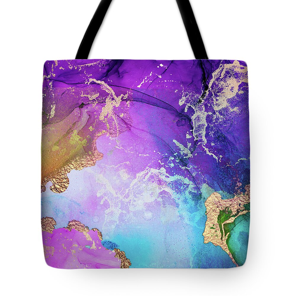 Purple Tote Bag featuring the painting Purple, Blue And Gold Metallic Abstract Watercolor Art by Modern Art
