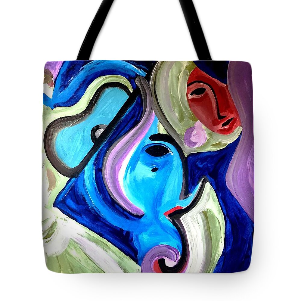Digital Art Tote Bag featuring the painting Purple-Blue Jazz Faces by Bodo Vespaciano