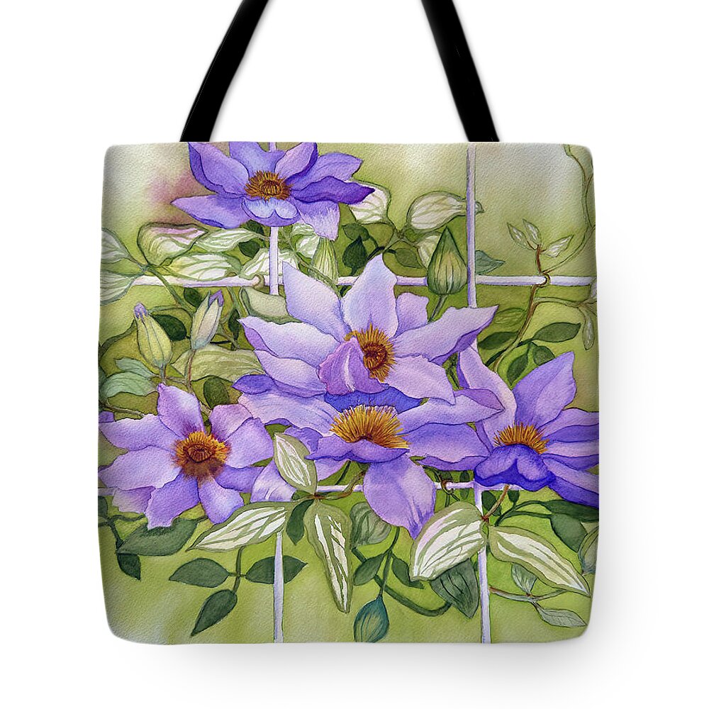 Flowers On Trellis Tote Bag featuring the painting Purple Clematis Jackmanii On White Trellis by Deborah League