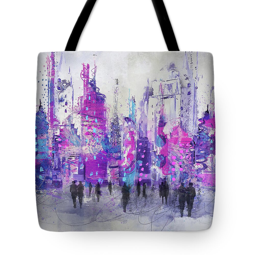 City Tote Bag featuring the digital art Purple Crazy Town by Barbara Mierau-Klein