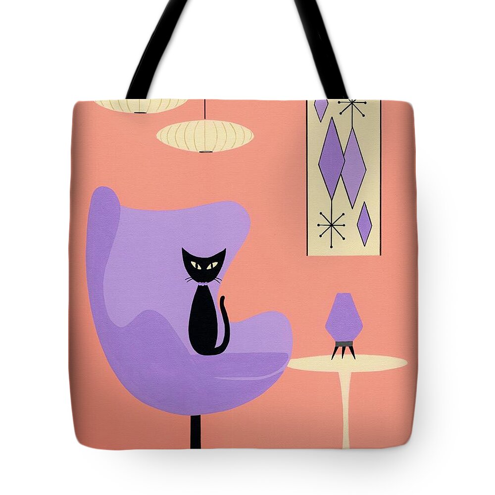 Mid Century Modern Black Cat Tote Bag featuring the mixed media Purple Egg Chair with Diamonds by Donna Mibus