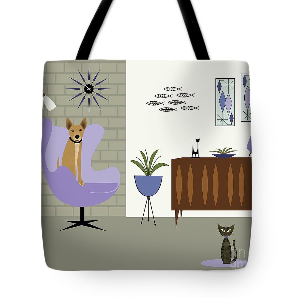 Mid Century Dog Tote Bag featuring the digital art Purple Egg Chair with Dog and Cat by Donna Mibus