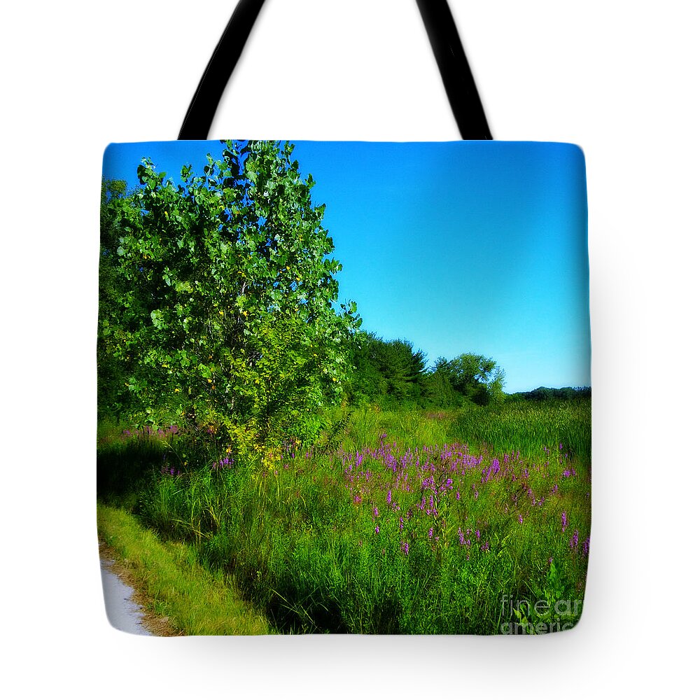 Ladscape Tote Bag featuring the photograph Purple Flowers by the Trail - Square by Frank J Casella
