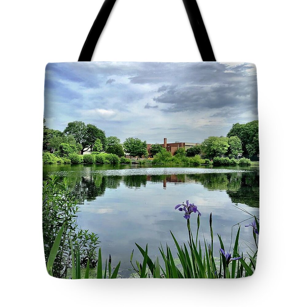 Greenery Tote Bag featuring the photograph Purple Iris in the Green by Lisa Pearlman