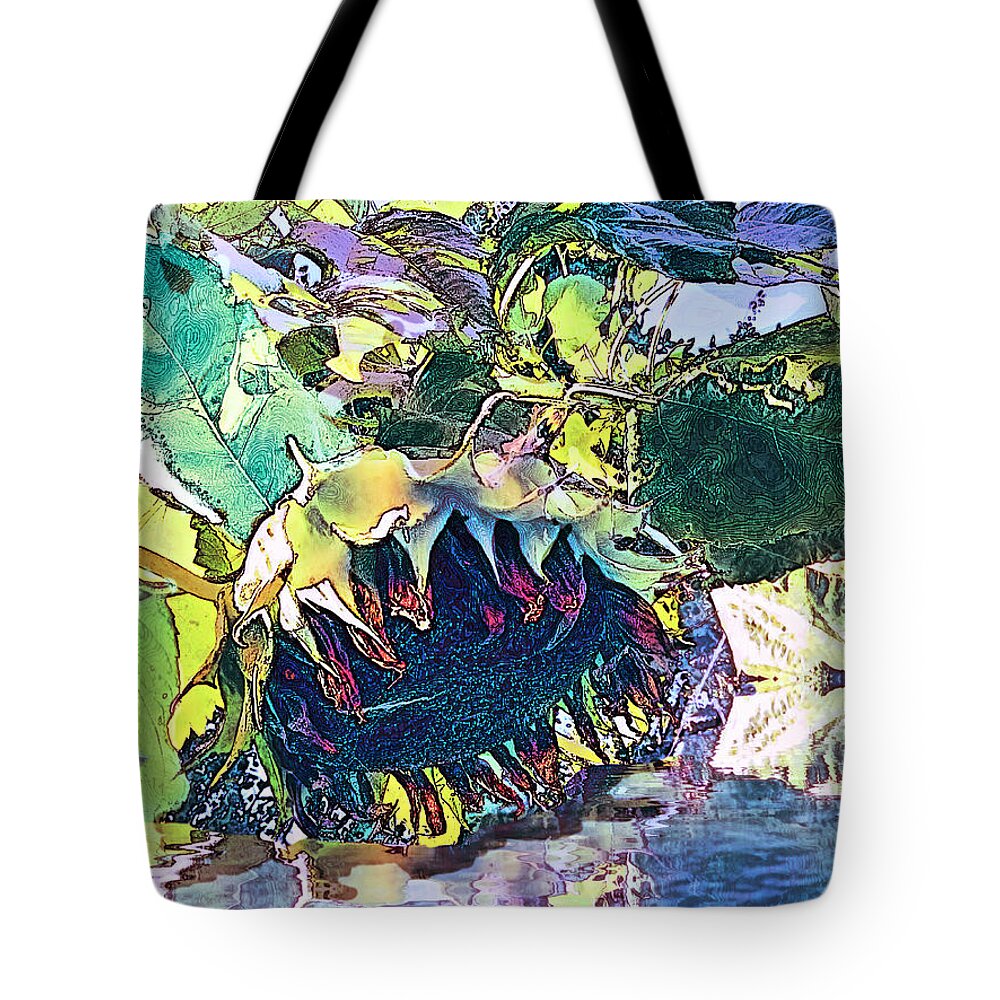 Sunflower Abstract Tote Bag featuring the digital art Purple Reflections An Expressionist Sunflower by Pamela Smale Williams