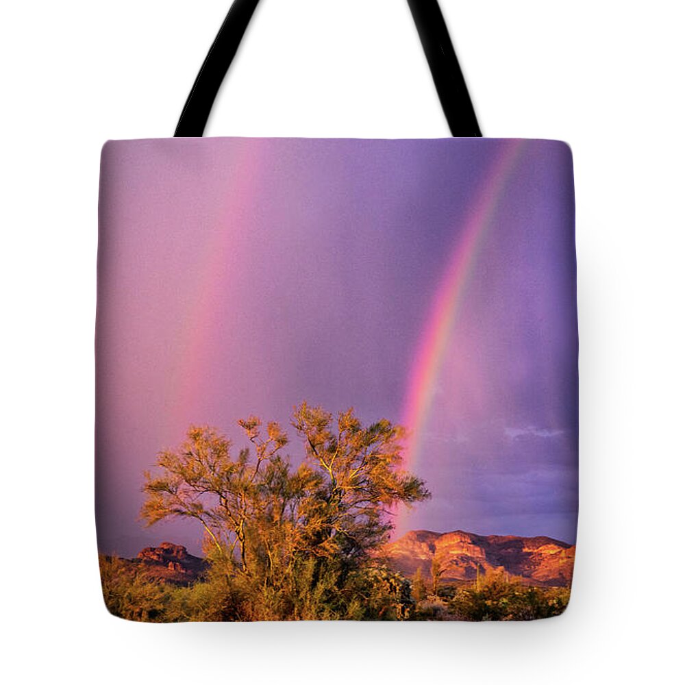 Arizona Tote Bag featuring the photograph Purple Skies And Rainbows by Saija Lehtonen